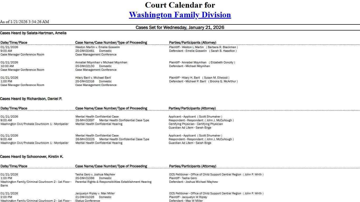 Washington Family Division Calendar